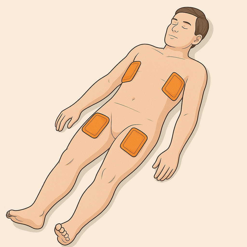 Un schéma illustrant un homme allongé avec des chaufferettes placées sur ses aisselles et ses zones inguinales, montrant une méthode pour prévenir l'hypothermie.